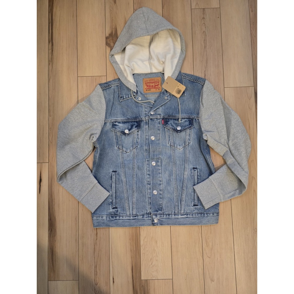 Levis Hybrid Hoodie Trucker Jacket Mens Size Medium Blue Gray Relaxed Fit